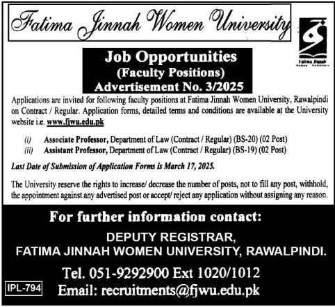 Faculty Jobs At Fatima Jinnah Women University March 2025